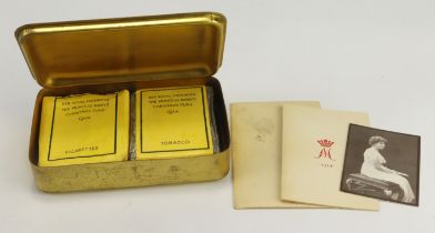 WW1 Christmas 1914 Tin with Cigarettes & Tobacco, 1914 M Card and photo