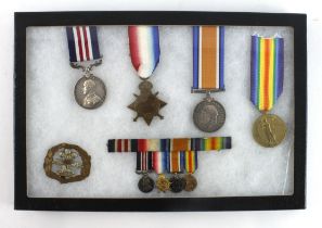 Military Medal GV and 1915 Star Trio, cap badge, medal bar + miniatures for 2019 Pte/Sgt J T Tapp