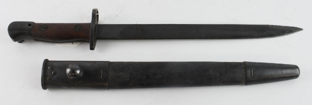 Indian Pattern MkII bayonet, blade 12", unfullered with blued finish, ricasso marked MkII 43 (