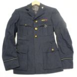RAF officers service jacket with kings crown brass buttons, WW2 medal bar VR T collar badges.