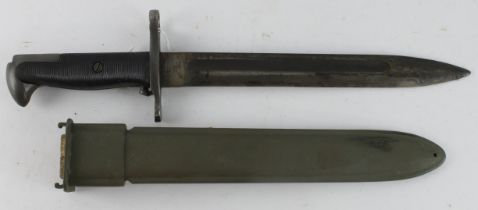 US M1 Garand Bayonet WW2 No175 570 to ricasso, in its plastic scabbard with webbing belt loop,