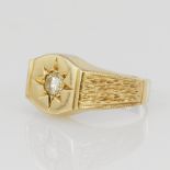 Yellow gold (tests 14) diamond set signet ring, one round brilliant cut approx. 0.35ct, table