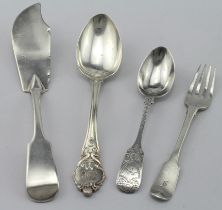 Mixed lot of silver flatware comprising of two silver Fiddle Pattern items, Sweetmeat fork London