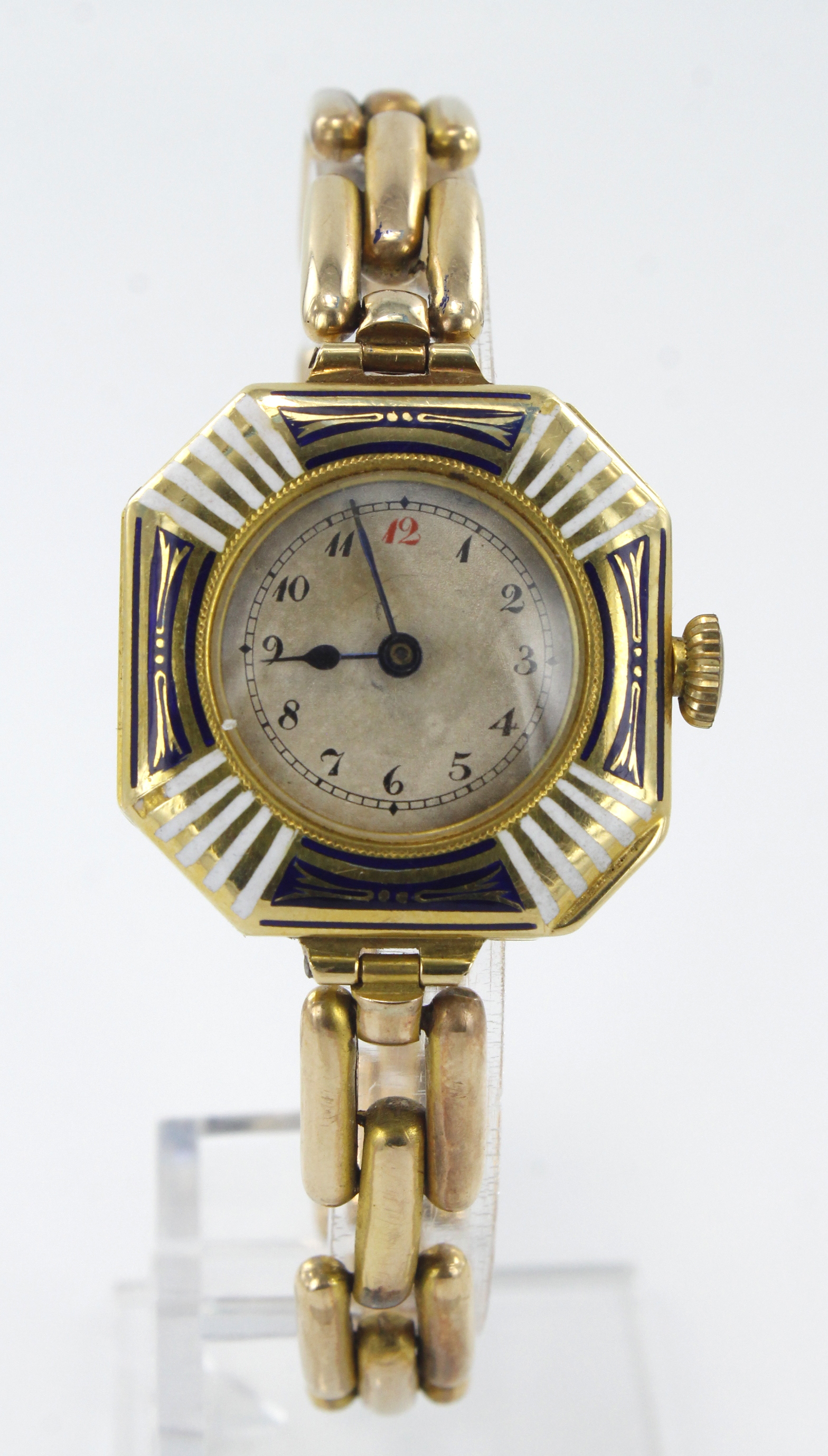 Ladies 18ct cased enamelled manual wind wristwatch, London import marks for 1912. The silvered