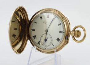Gents 9ct full hunter pocket watch. Hallmarked London 1924. The signed white dial by Benson with
