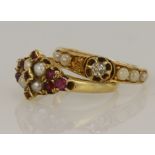 Two 18ct gold/tests 18ct antique rings, to include a Victorian ruby and pearl cluster ring, finger