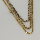 Three 9ct gold/tests 9ct chains, lengths 17", 18"x2, total weight 19g.
