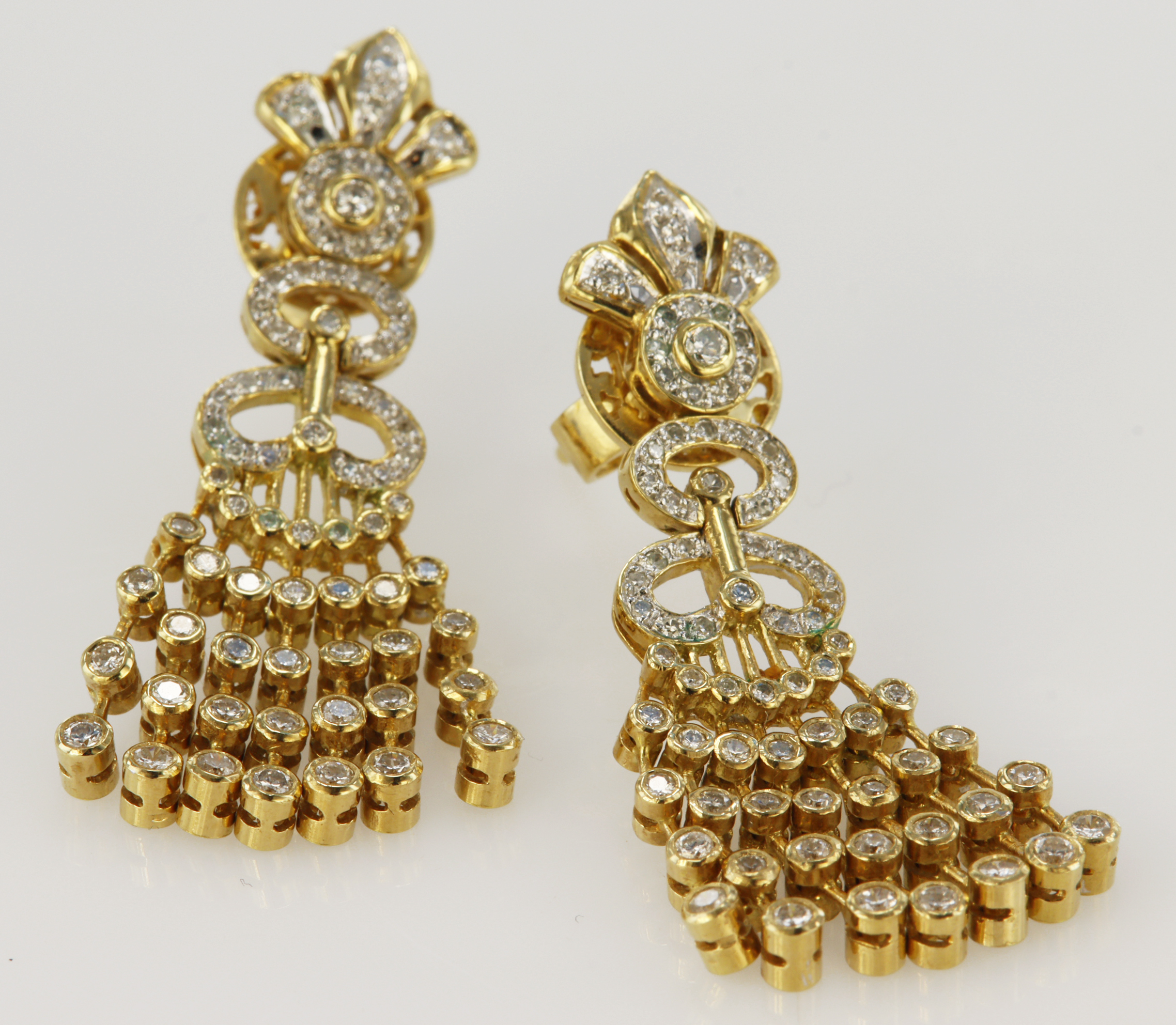 Pair of yellow gold (tests 17ct) diamond drop earrings, TDW approx. 0.62ct, earring length 36mm,