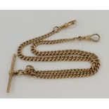 9ct gold double Albert pocket watch chain, graduated curb links each stamped '9.375', two dog