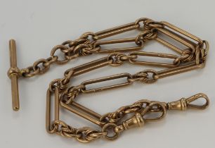 9ct rose gold doublet Albert pocket watch chain, fetter and knot links each stamped '9.375', two dog