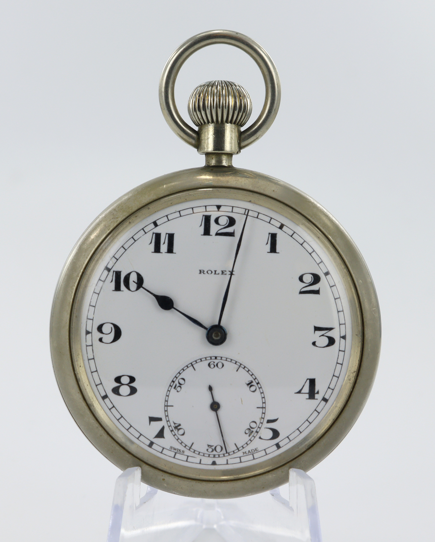 British Military issue nickel cased open face pocket watch by Rolex. The signed white dial with