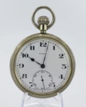 British Military issue nickel cased open face pocket watch by Rolex. The signed white dial with