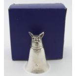 Fox headed modern silver stirrup cup, hallmarked FH Sheffield 193, weighs 3oz approx