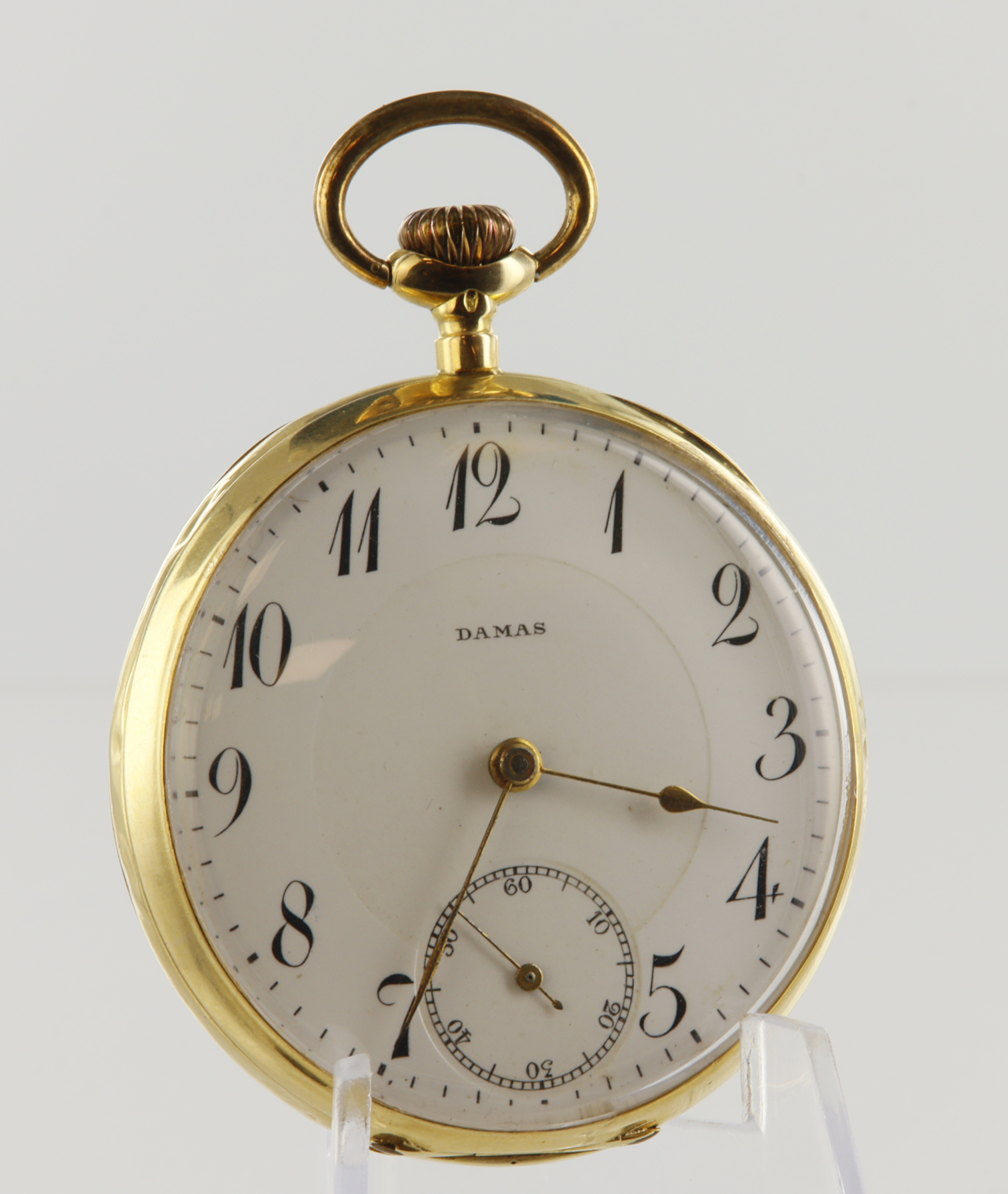 Gents 18ct cased open face stem-wind pocket watch by Damas, case bearing swiss Helvetia. The white