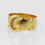 18ct yellow gold Victorian buckle ring, embossed patterns but worn, hallmarked Birmingham 1888, band