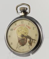 Guinness advertising chrome cased open face pocket watch by Ingersoll. The white dial with Arabic