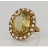 9ct yellow gold vintage citrine and cultured pearl cluster ring, citrine measures 18x13mm,