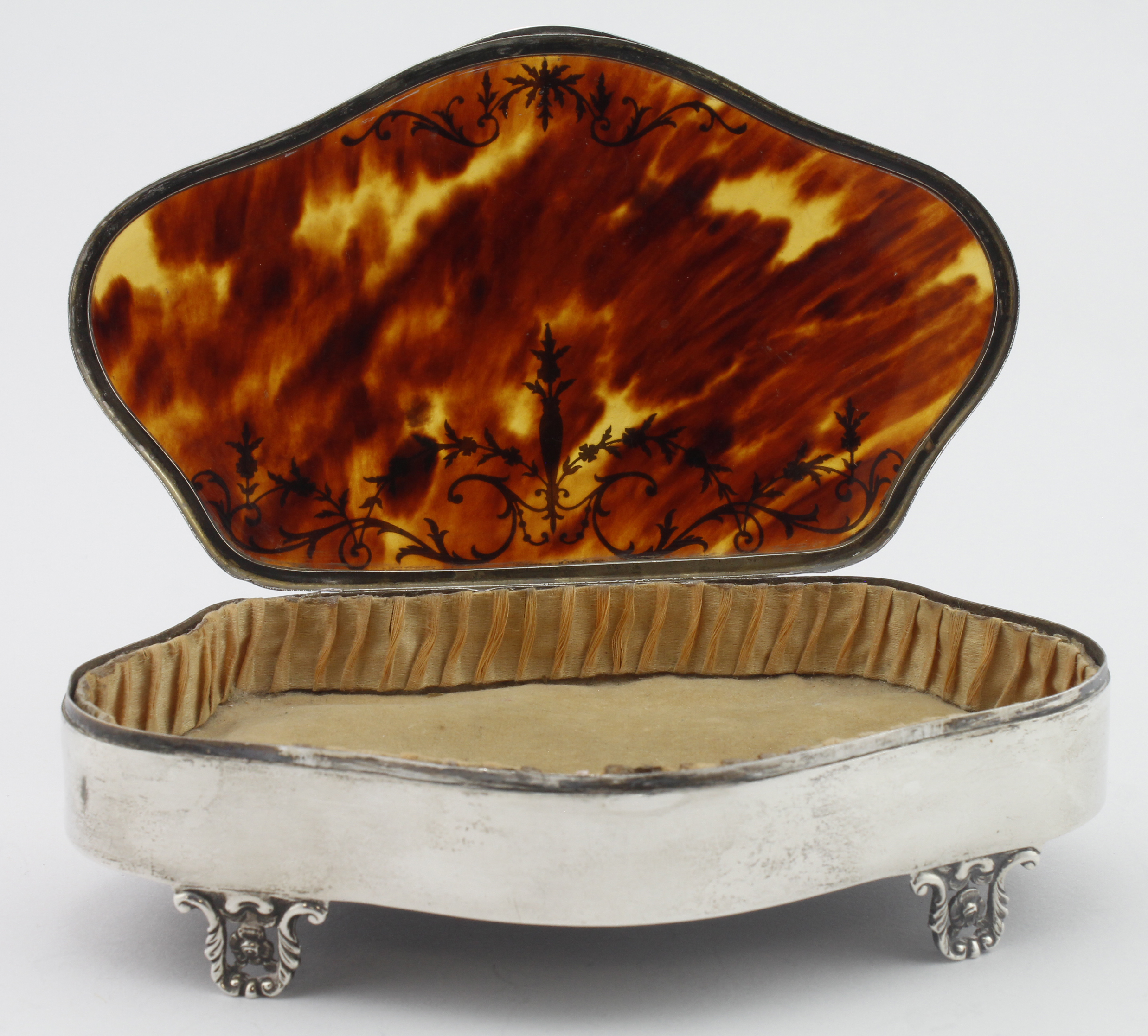 Silver & tortoiseshell jewellery casket standing on four ornate feet, hallmarked Birm 1920, measures