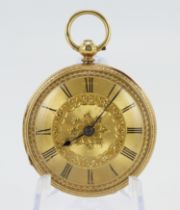 Gents 18ct cased open face key wind pocket watch, hallmarked London 1873?. The gilt dial with