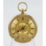 Gents 18ct cased open face key wind pocket watch, hallmarked London 1873?. The gilt dial with