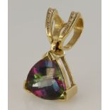 Yellow gold (tests 14ct) diamond and Mystic topaz pendant, one checker cut topaz measuring approx.