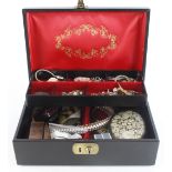 Jewellery box with an assortment of costume jewellery, silver and gold noted. Viewing recommended.