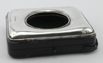 Silver fronted travelling watch case (leather backed with inset stand) hallmarked Birm 1908, Good