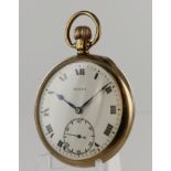 Gents 9ct cased open face stem-wind pocket watch by Rolex, hallmarked Birmingham 1922. The white
