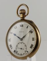 Gents 9ct cased open face stem-wind pocket watch by Rolex, hallmarked Birmingham 1922. The white