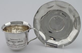 Unusual Indian Colonial unmarked silver Presentation tea-cup and saucer, cup inscribed "Presented to