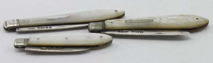 Three silver & mother of pearl handled pocket fruit knives, hallmarked on the blades respectively