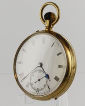 Gents 18ct cased open face pocket watch. Hallmarked London 1913. The white dial with black roman