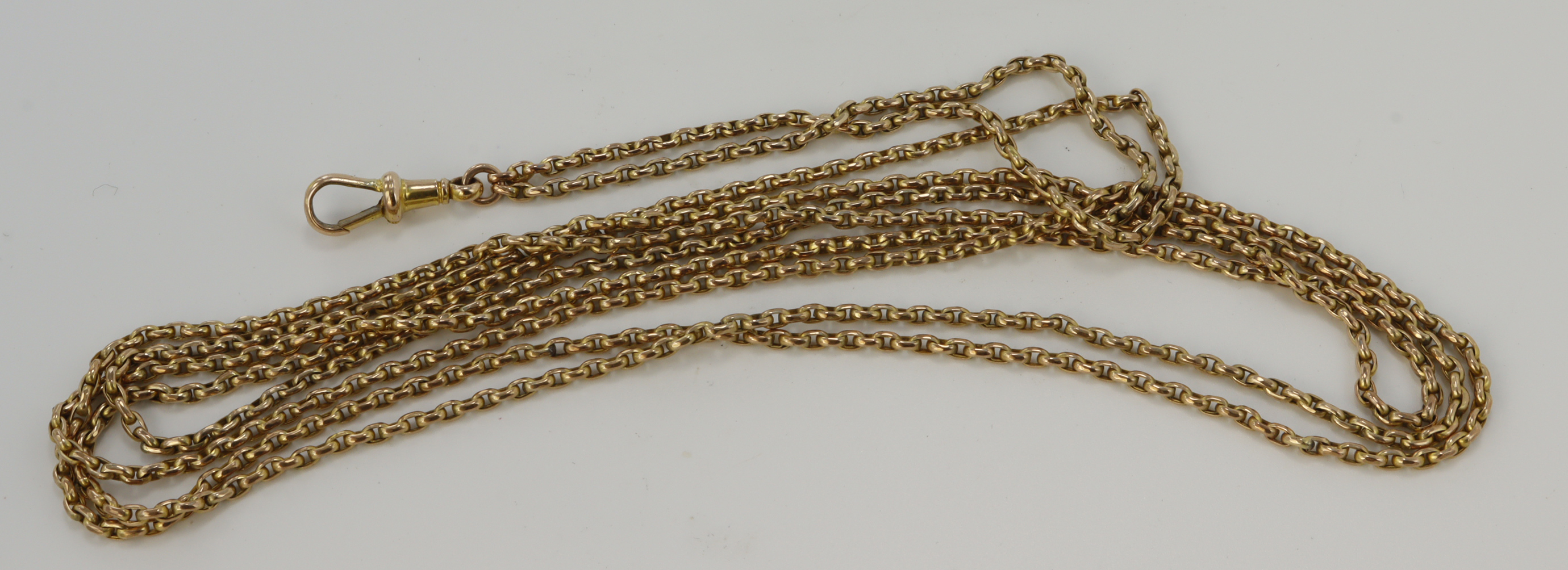 9ct yellow gold antique muff chain, link width 2mm, length 56", one dog clip fitting, weight 18.4g.