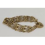 9ct yellow gold five bar gate bracelet, heart padlock clasp, bracelet width 15.5mm, length 7",