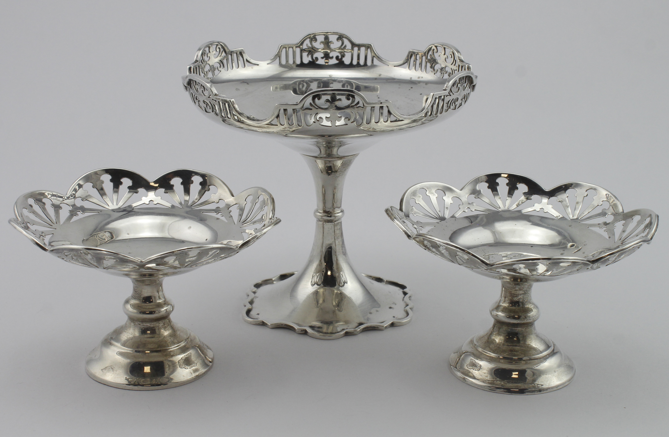 Three footed silver bon-bon/sweetmeat dishes hallmarked for Birm. 1906, London 1906 & Sheffield