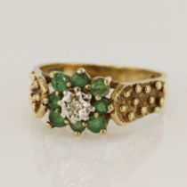 9ct yellow gold diamond and emerald cluster ring, head measures 9mm, finger size O/P, weight 3.6g