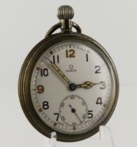 Omega British Military Issue nickel cased pocket watch, circa 1943. The white enamel dial with