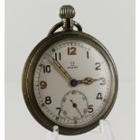 Omega British Military Issue nickel cased pocket watch, circa 1943. The white enamel dial with