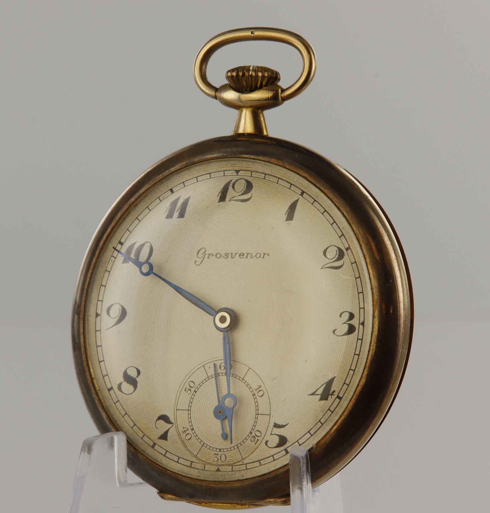 Gents 9ct cased open face stem-wind pocketwatch, Glasgow import marks 1931. The silvered dial signed