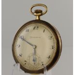 Gents 9ct cased open face stem-wind pocketwatch, Glasgow import marks 1931. The silvered dial signed