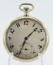 Gents 18ct white gold cased open face stem-wind pocket watch, Glasgow import marks 1925. The