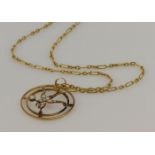 Yellow gold (tests 9ct) antique swallow pendant and fetter chain, set with seed pearls and