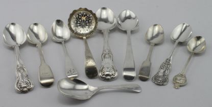 Mixed lot of silver flatware, all British hallmarks, includes three Georgian items, five Victorian