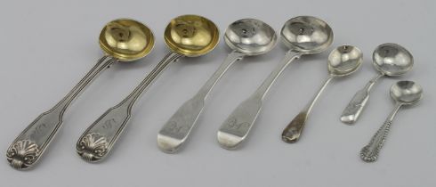 Mixed lot of silver salt spoons,comprising three fiddle pattern George III spoons hallmarked