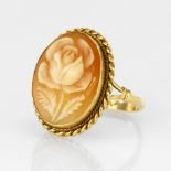 Yellow gold (tests 18ct) cameo dress ring, carved shell depicts a rose measuring 16 x 12mm, finger