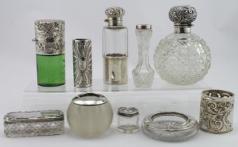 Mixed lot of silver mounted items comprising three perfume bottles and five other items and a silver