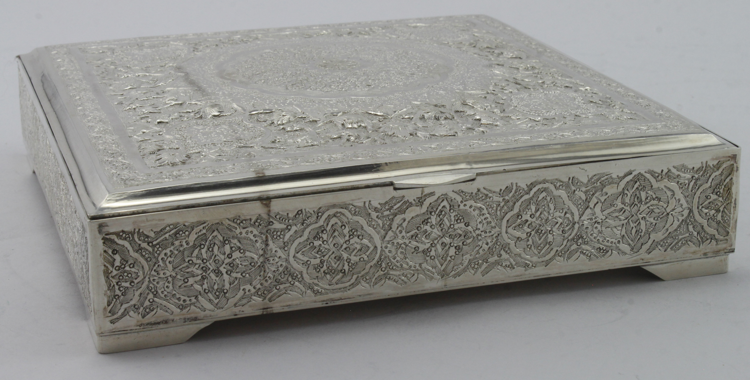 Highly ornate Persian 840 grade silver box, has Persian or Iranian silver marks on the base,