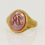 18ct yellow gold Victorian signet ring, oval sardonyx engraved with monogram measures 14.5 x 11.5mm,