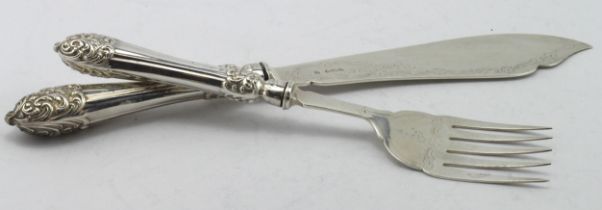 Pair of silver fish servers hallmarked on handles, knife blade and fork - main marks read JD, WD,