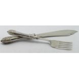 Pair of silver fish servers hallmarked on handles, knife blade and fork - main marks read JD, WD,